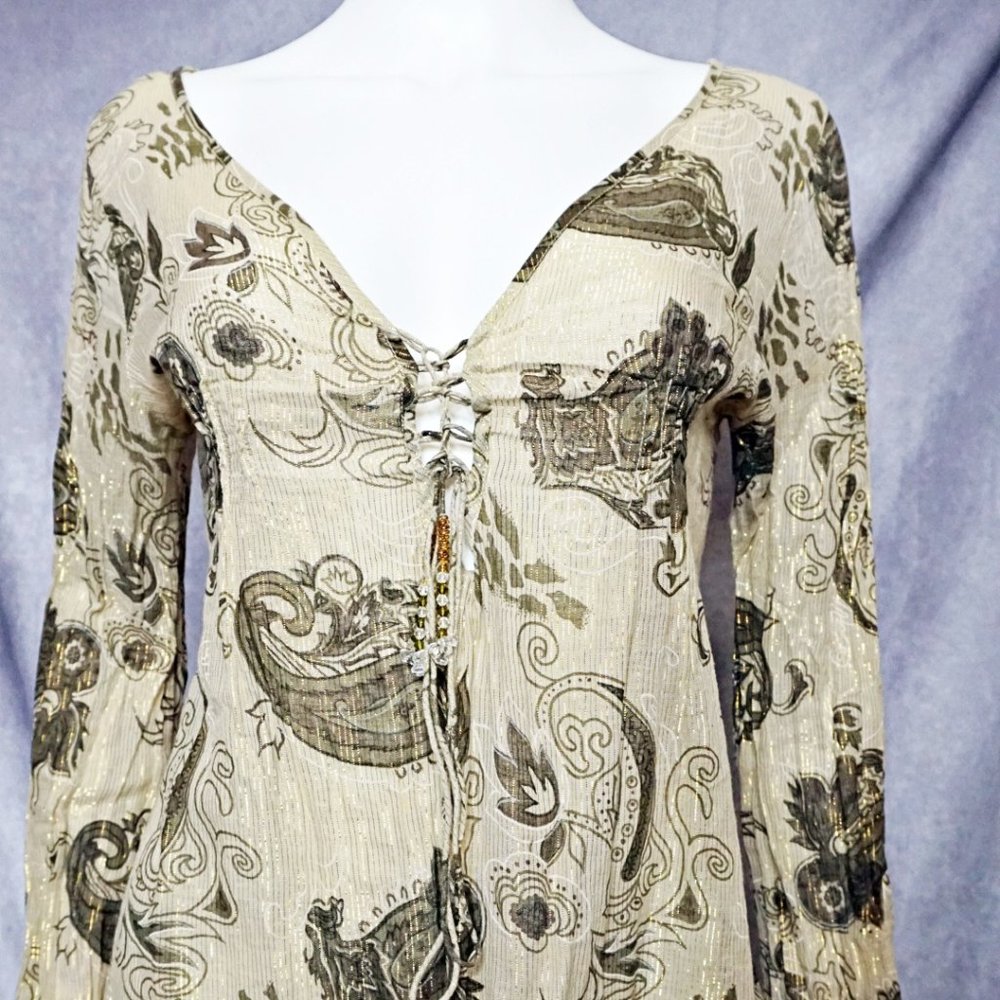 Boho beaded tunic with golden threads and brown paisely design Monique Leshman